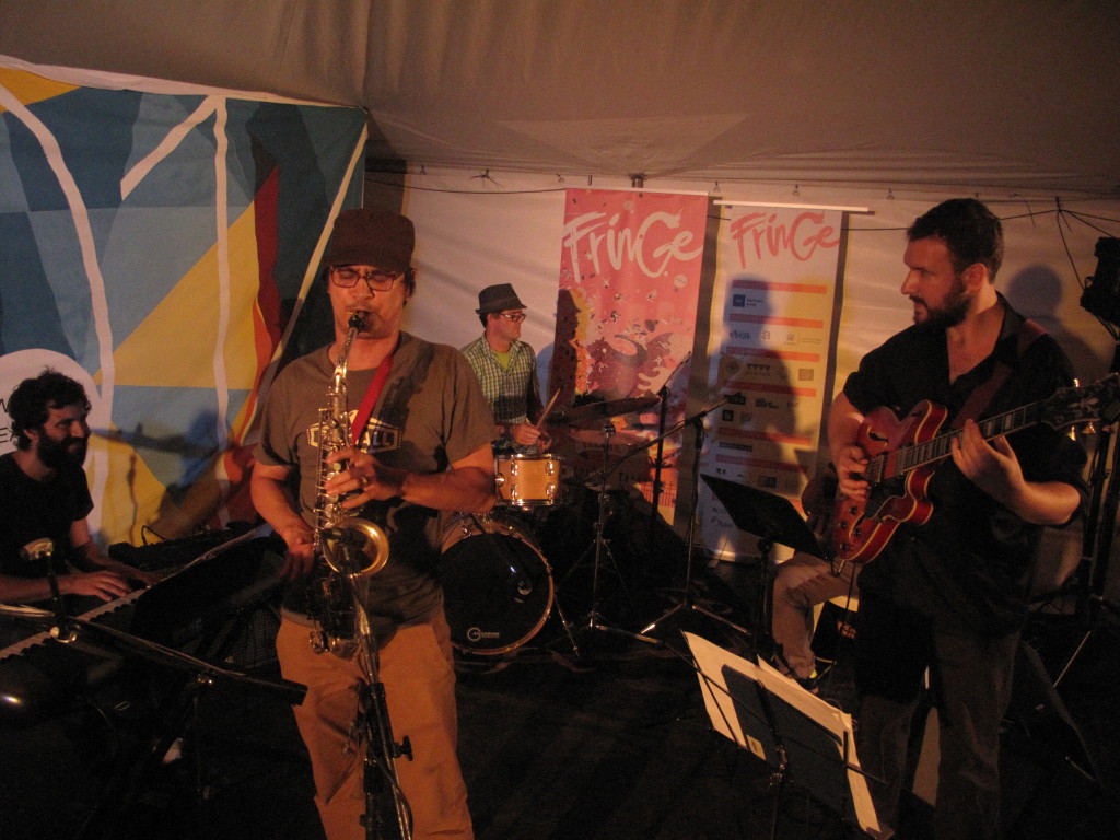 The Adam Saikaley Quintet playing at Ottawa Fringe Festival's free programming in the Fringe Courtyard on June 25, 2014. Photo: Joseph Mathieu