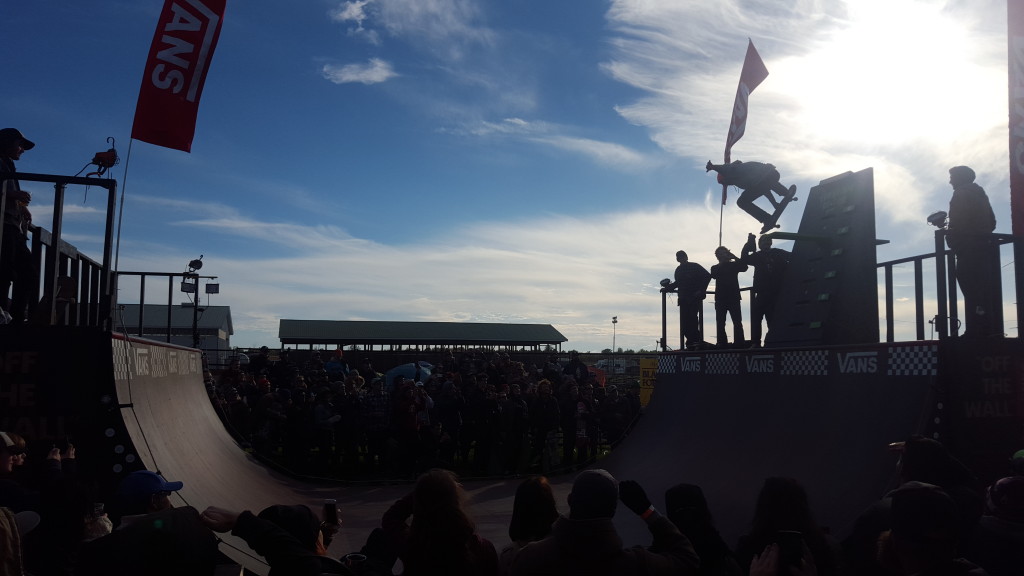 Skater dropping in from the "Brown Recluse" into the half-pipe at Beau's Oktoberfest in Vankleek Hill.