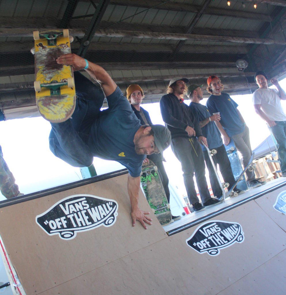 Member of Antiques Skateboarding crew ripping it up on the halfpipe. Photo: Eric Scharf